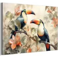 MuchoWow Aluminium schilderij 120x80 cm - Wanddecoratie metaal - Toekan - Vogels - Bloemen - Tak - Metalen muurdecoratie woonkamer - Decoratie industrieel - Foto op dibond - Industriële accessoires slaapkamer