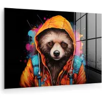 MuchoWow Glasschilderij 60x40 cm - Schilderij acrylglas - Graffiti - Wasbeer - Jas - Zwart - Foto op glas - Muurdecoratie woonkamer - Wanddecoratie slaapkamer - Schilderijen