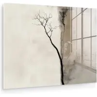MuchoWow Glasschilderij 160x120 cm - Schilderij acrylglas - Wabi sabi - Plant - Beige - Foto op glas - Muurdecoratie woonkamer - Wanddecoratie slaapkamer - Schilderijen