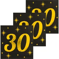 Paper Dreams Paperdreams Verjaardag feest servetten - leeftijd 30 jaar - 48x stuks - zwart/goud - sterren - 33 x 33 cm