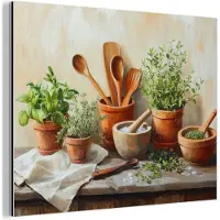 MuchoWow Aluminium schilderij 160x120 cm - Wanddecoratie metaal - Potten - Kruiden - Hout - Metalen muurdecoratie woonkamer - Decoratie industrieel - Foto op dibond - Industriële accessoires slaapkamer