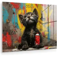 MuchoWow Glasschilderij 160x120 cm - Schilderij acrylglas - Graffiti - Kitten - Street art - Kat - Dier - Foto op glas - Muurdecoratie woonkamer - Wanddecoratie slaapkamer - Schilderijen