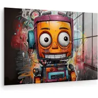 MuchoWow Glasschilderij 180x120 cm - Schilderij acrylglas - Robot - Graffiti - Oranje - Kleuren - Foto op glas - Muurdecoratie woonkamer - Wanddecoratie slaapkamer - Schilderijen