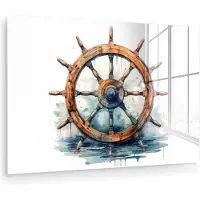 MuchoWow Glasschilderij 180x120 cm - Schilderij acrylglas - Stuur - Schip - Bruin - Blauw - Wit - Maritiem - Foto op glas - Muurdecoratie woonkamer - Wanddecoratie slaapkamer - Schilderijen