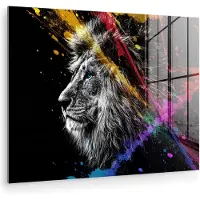 MuchoWow Glasschilderij 160x120 cm - Schilderij acrylglas - Leeuw - Graffiti - Zwart - Neon - Dieren - Foto op glas - Muurdecoratie woonkamer - Wanddecoratie slaapkamer - Schilderijen