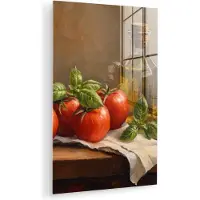 MuchoWow Glasschilderij 120x180 cm - Schilderij acrylglas - Tomaten - Olijfolie - Stilleven - Foto op glas - Muurdecoratie woonkamer - Wanddecoratie slaapkamer - Schilderijen