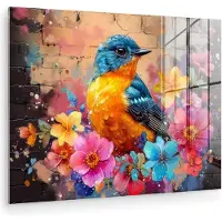 MuchoWow Glasschilderij 160x120 cm - Schilderij acrylglas - Graffiti - Vogel - Bloemen - Streetart - Foto op glas - Muurdecoratie woonkamer - Wanddecoratie slaapkamer - Schilderijen