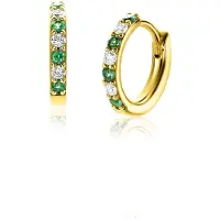 Zinzi 12mm gold plated zilveren oorringen bezet met ronde witte zirconia's en diepgroene kleurstenen 2mm buisdikte met luxe klapsluiting ZIO2557