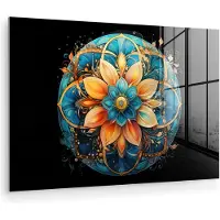 MuchoWow Glasschilderij 180x120 cm - Schilderij acrylglas - Mandala - Blauw - Oranje - Zwart - Bloemen - Foto op glas - Muurdecoratie woonkamer - Wanddecoratie slaapkamer - Schilderijen