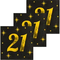 Paper Dreams Paperdreams Verjaardag feest servetten - leeftijd 21 jaar - 48x stuks - zwart/goud - sterren - 33 x 33 cm