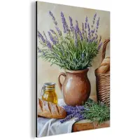 MuchoWow Aluminium schilderij 30x40 cm - Wanddecoratie metaal - Lavendel - Brood - Stilleven - Metalen muurdecoratie woonkamer - Decoratie industrieel - Foto op dibond - Industriële accessoires slaapkamer