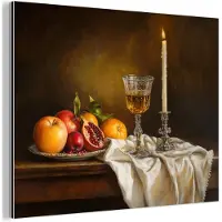 MuchoWow Aluminium schilderij 120x90 cm - Wanddecoratie metaal - Fruit - Stilleven - Wijn - Kaars - Metalen muurdecoratie woonkamer - Decoratie industrieel - Foto op dibond - Industriële accessoires slaapkamer