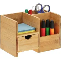 Relaxdays bureau organizer - met lade en 3 vakken - bamboe - 14 x 20,5 x 13 cm - kantoor