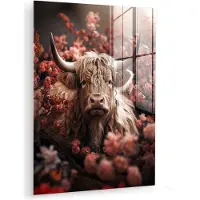 MuchoWow Glasschilderij 120x160 cm - Schilderij acrylglas - Schotse hooglander - Dier - Natuur - Bloemen - Botanisch - Foto op glas - Muurdecoratie woonkamer - Wanddecoratie slaapkamer - Schilderijen