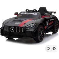 Vrooomy Mercedes-Benz AMG GT4 12V Elektrische Kinderauto 1 tot 6 jaar – Officieel Gelicentieerd Accuvoertuig – Luxe Raceauto met Lederen Zitje, EVA-Banden & Bluetooth – Zwart