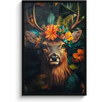 PosterMonkey Poster in lijst - Fotolijst 60x90 cm - Posters - Hert - Bloemen - Natuur - Botanisch - Dier - Posterlijst zwart - Decoratie - Wanddecoratie woonkamer - Muurdecoratie slaapkamer