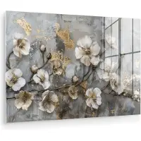 MuchoWow Glasschilderij 180x120 cm - Schilderij acrylglas - Bloemen - Wit - Grijs - Goud - Luxe - Foto op glas - Muurdecoratie woonkamer - Wanddecoratie slaapkamer - Schilderijen