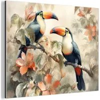 MuchoWow Aluminium schilderij 120x90 cm - Wanddecoratie metaal - Toekan - Vogels - Bloemen - Tak - Metalen muurdecoratie woonkamer - Decoratie industrieel - Foto op dibond - Industriële accessoires slaapkamer