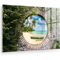 MuchoWow Glasschilderij 180x120 cm - Schilderij acrylglas - Strand - Palmboom - Doorkijk - Kano - Foto op glas - Muurdecoratie woonkamer - Wanddecoratie slaapkamer - Schilderijen