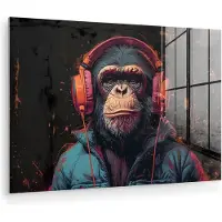 MuchoWow Glasschilderij 180x120 cm - Schilderij acrylglas - Graffiti - Chimpansee - Koptelefoon - Aap - Foto op glas - Muurdecoratie woonkamer - Wanddecoratie slaapkamer - Schilderijen