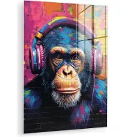 MuchoWow Glasschilderij 120x160 cm - Schilderij acrylglas - Graffiti - Chimpansee - Street art - Koptelefoon - Aap - Foto op glas - Muurdecoratie woonkamer - Wanddecoratie slaapkamer - Schilderijen