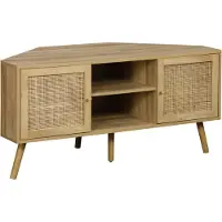 Sweeek Hoek TV meubel in houtdecor en rotan, 2 deuren, 1 plank, 115 cm Naturel