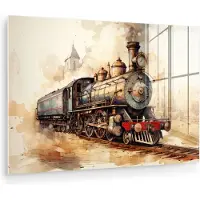 MuchoWow Glasschilderij 180x120 cm - Schilderij acrylglas - Vintage - Trein - Spoor - Gebouw - Beige - Foto op glas - Muurdecoratie woonkamer - Wanddecoratie slaapkamer - Schilderijen