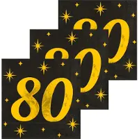 Paper Dreams Paperdreams Verjaardag feest servetten - leeftijd 80 jaar - 48x stuks - zwart/goud - sterren - 33 x 33 cm