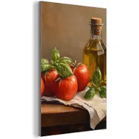 MuchoWow Aluminium schilderij 80x120 cm - Wanddecoratie metaal - Tomaten - Olijfolie - Stilleven - Metalen muurdecoratie woonkamer - Decoratie industrieel - Foto op dibond - Industriële accessoires slaapkamer