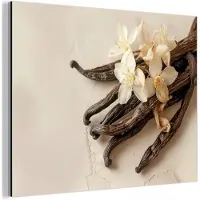 MuchoWow Aluminium schilderij 160x120 cm - Wanddecoratie metaal - Vanille - Bloemen - Beige - Metalen muurdecoratie woonkamer - Decoratie industrieel - Foto op dibond - Industriële accessoires slaapkamer