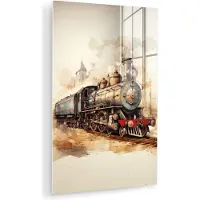 MuchoWow Glasschilderij 120x180 cm - Schilderij acrylglas - Vintage - Trein - Spoor - Gebouw - Beige - Foto op glas - Muurdecoratie woonkamer - Wanddecoratie slaapkamer - Schilderijen