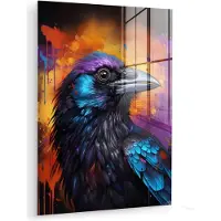 MuchoWow Glasschilderij 120x160 cm - Schilderij acrylglas - Vogel - Kraai - Graffiti - Zwart - Dieren - Foto op glas - Muurdecoratie woonkamer - Wanddecoratie slaapkamer - Schilderijen