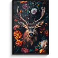 PosterMonkey Poster in lijst - Fotolijst 80x120 cm - Posters - Hert - Dieren portret - Bloemen - Natuur - Hertenkop - Posterlijst zwart - Decoratie - Wanddecoratie woonkamer - Muurdecoratie slaapkamer