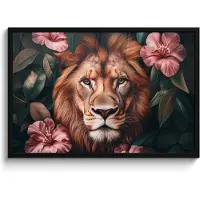 PosterMonkey Poster in lijst - Fotolijst 90x60 cm - Posters - Leeuw - Roze bloemen - Bladeren - Botanisch - Posterlijst zwart - Decoratie - Wanddecoratie woonkamer - Muurdecoratie slaapkamer