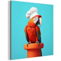 MuchoWow Aluminium schilderij 90x90 cm - Wanddecoratie metaal - Ara - Koksmuts - Sokkel - Grappig - Metalen muurdecoratie woonkamer - Decoratie industrieel - Foto op dibond - Industriële accessoires slaapkamer