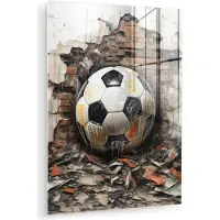MuchoWow Glasschilderij 120x160 cm - Schilderij acrylglas - Voetbal - Muur - Zwart - Wit - Foto op glas - Muurdecoratie woonkamer - Wanddecoratie slaapkamer - Schilderijen