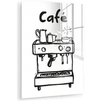 MuchoWow Glasschilderij 120x160 cm - Schilderij acrylglas - Illustratie - Café - Koffiemachine - Kopjes - Foto op glas - Muurdecoratie woonkamer - Wanddecoratie slaapkamer - Schilderijen