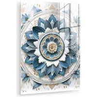 MuchoWow Glasschilderij 120x160 cm - Schilderij acrylglas - Mandala - Blauw - wit - Goud - Foto op glas - Muurdecoratie woonkamer - Wanddecoratie slaapkamer - Schilderijen