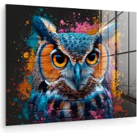 MuchoWow Glasschilderij 160x120 cm - Schilderij acrylglas - Uil - Vogel - Kleurrijk - Graffiti - Art - Foto op glas - Muurdecoratie woonkamer - Wanddecoratie slaapkamer - Schilderijen