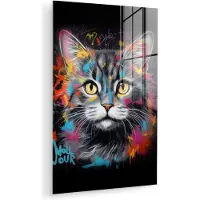 MuchoWow Glasschilderij 120x180 cm - Schilderij acrylglas - Kat - Graffiti - Dieren - Kleuren - Grijs - Foto op glas - Muurdecoratie woonkamer - Wanddecoratie slaapkamer - Schilderijen