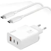 Phreeze USB C Adapter 65W + USB C Naar USB C Kabel 1 Meter - 2 USB-C & 1 USB-A Snellader - Laptop Oplader Geschikt voor iPhone 15, 16 , Samsung S20, S21, S22, S23, S24, Macbook - Wit