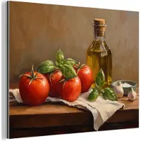 MuchoWow Aluminium schilderij 160x120 cm - Wanddecoratie metaal - Tomaten - Olijfolie - Stilleven - Metalen muurdecoratie woonkamer - Decoratie industrieel - Foto op dibond - Industriële accessoires slaapkamer