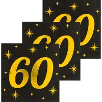 Paper Dreams Paperdreams Verjaardag feest servetten - leeftijd 60 jaar - 48x stuks - zwart/goud - sterren - 33 x 33 cm