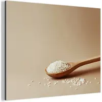MuchoWow Aluminium schilderij 160x120 cm - Wanddecoratie metaal - Lepel - Rijst - Hout - Beige - Metalen muurdecoratie woonkamer - Decoratie industrieel - Foto op dibond - Industriële accessoires slaapkamer