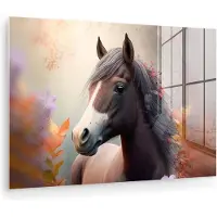 MuchoWow Glasschilderij 180x120 cm - Schilderij acrylglas - Paard - Bloemen - Natuur - Paars - Dieren - Foto op glas - Muurdecoratie woonkamer - Wanddecoratie slaapkamer - Schilderijen