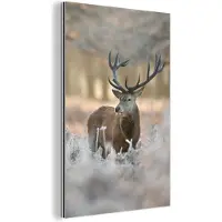 MuchoWow Aluminium schilderij 60x90 cm - Wanddecoratie metaal - Hert - Dieren - Winter - Metalen muurdecoratie woonkamer - Decoratie industrieel - Foto op dibond - Industriële accessoires slaapkamer