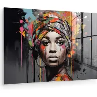 MuchoWow Glasschilderij 180x120 cm - Schilderij acrylglas - Vrouw - Hoofddoek - Graffiti - Zwart - Foto op glas - Muurdecoratie woonkamer - Wanddecoratie slaapkamer - Schilderijen