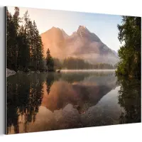 MuchoWow Aluminium schilderij 120x80 cm - Wanddecoratie metaal - Landschap - Mist - Water - Bomen - Metalen muurdecoratie woonkamer - Decoratie industrieel - Foto op dibond - Industriële accessoires slaapkamer