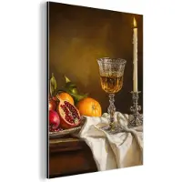 MuchoWow Aluminium schilderij 90x120 cm - Wanddecoratie metaal - Fruit - Stilleven - Wijn - Kaars - Metalen muurdecoratie woonkamer - Decoratie industrieel - Foto op dibond - Industriële accessoires slaapkamer