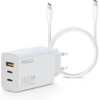 Phreeze USB C Adapter 65W + USB C Naar USB C Kabel 2 Meter - 2 USB-C & 1 USB-A Snellader - Laptop Oplader Geschikt voor iPhone 15, 16 , Samsung S20, S21, S22, S23, S24, Macbook - Wit